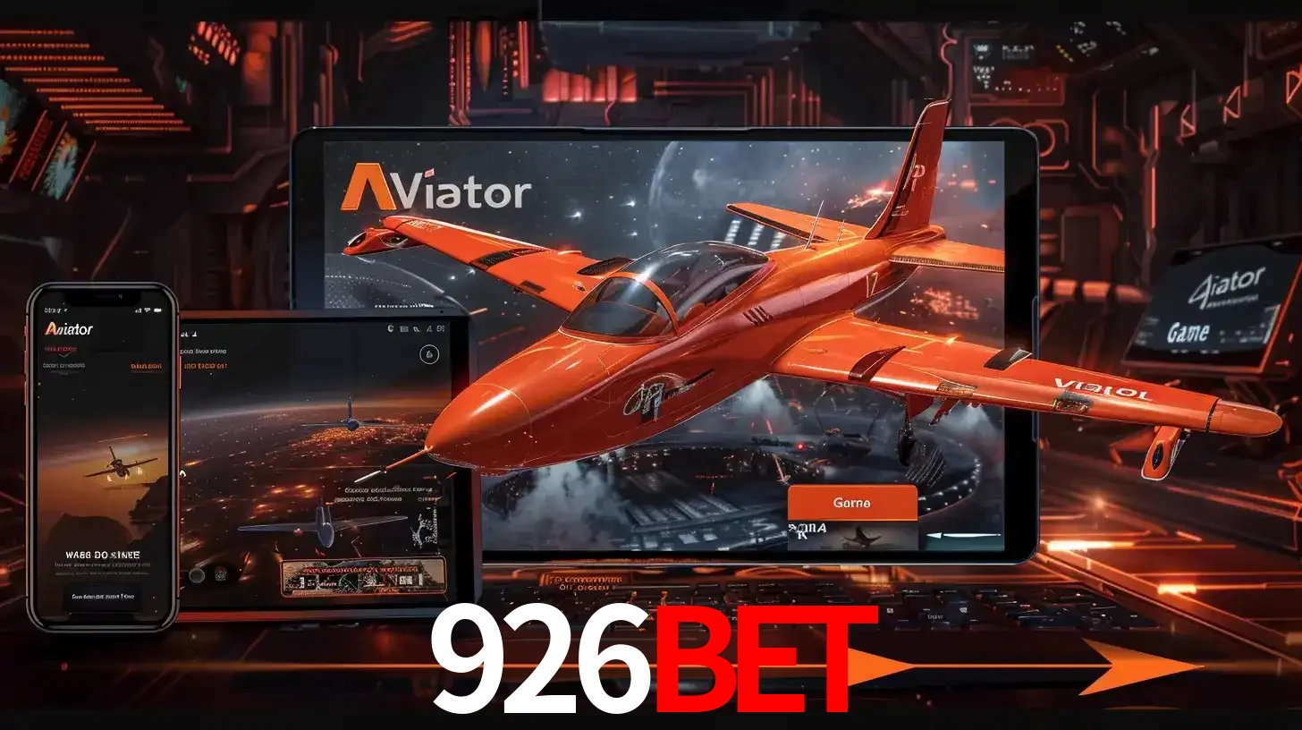 Apresentação tecnológica do jogo Aviator com um avião saindo da tela de um tablet, demonstrando a experiência imersiva em múltiplos dispositivos no 926bet.