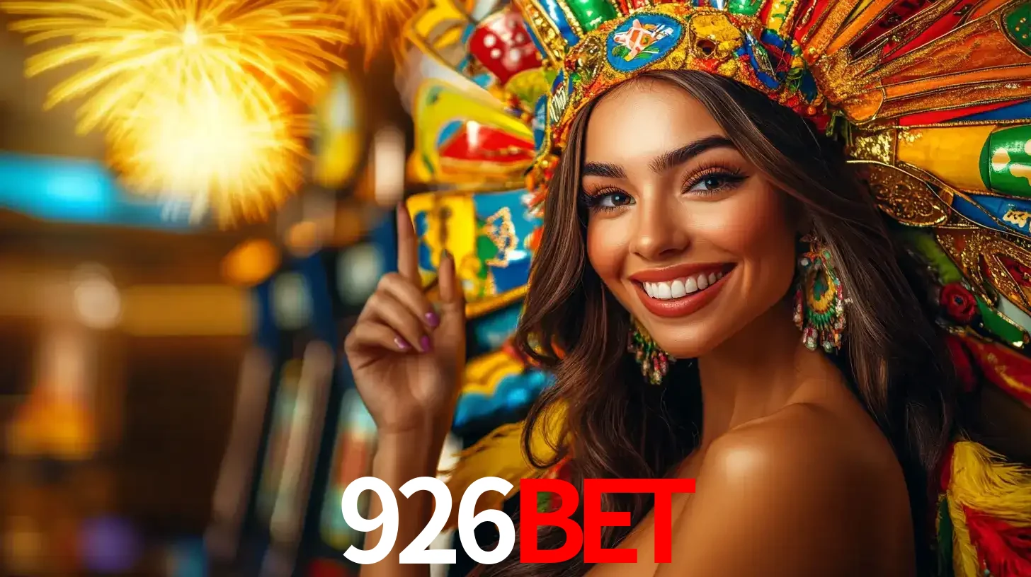 Mulher sorridente com um cocar de carnaval vibrante e colorido, celebrando uma grande vitória nos jogos do cassino 926bet com fogos de artifício ao fundo.