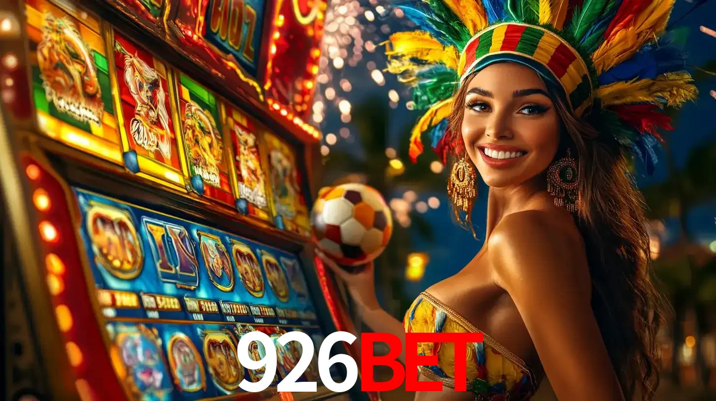 Mulher com um cocar de carnaval ao lado de uma máquina de caça-níqueis enquanto segura uma bola de futebol, mostrando a união da diversão de cassino e esportes no 926bet.