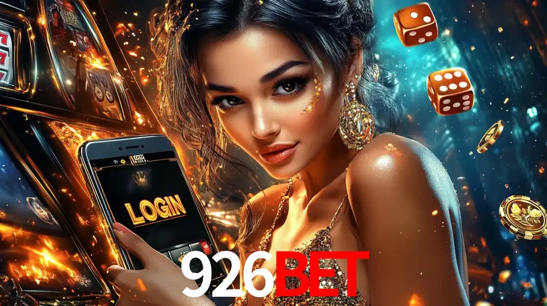 Mulher glamourosa segurando um celular com a tela de login do cassino 926bet, rodeada por dados e moedas douradas, pronta para começar a diversão.