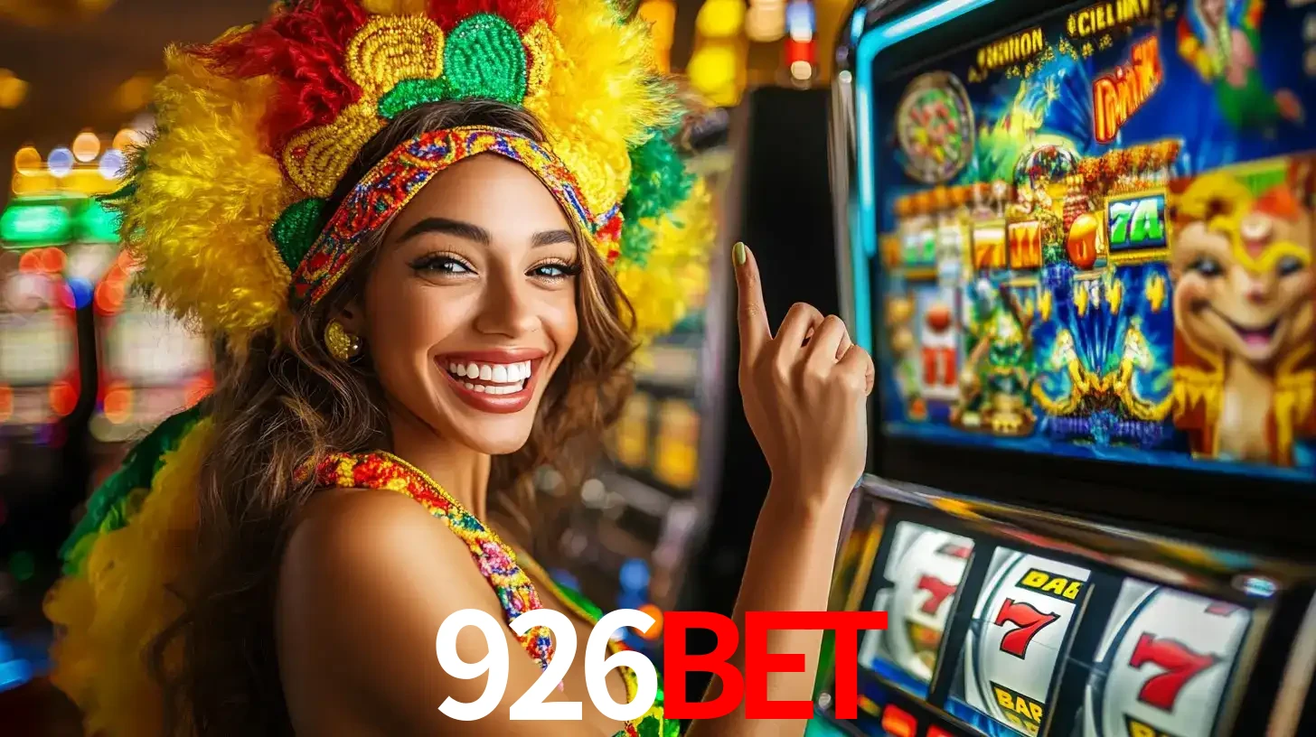 Mulher animada com um cocar de carnaval apontando para uma máquina de caça-níqueis, mostrando a emoção de ganhar um grande prêmio nos jogos do 926bet.