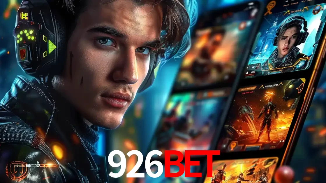 Jovem jogador com fones de ouvido olhando para a câmera, com um aplicativo de jogos e e-sports para celular ao fundo, pronto para a competição e apostas no 926bet.