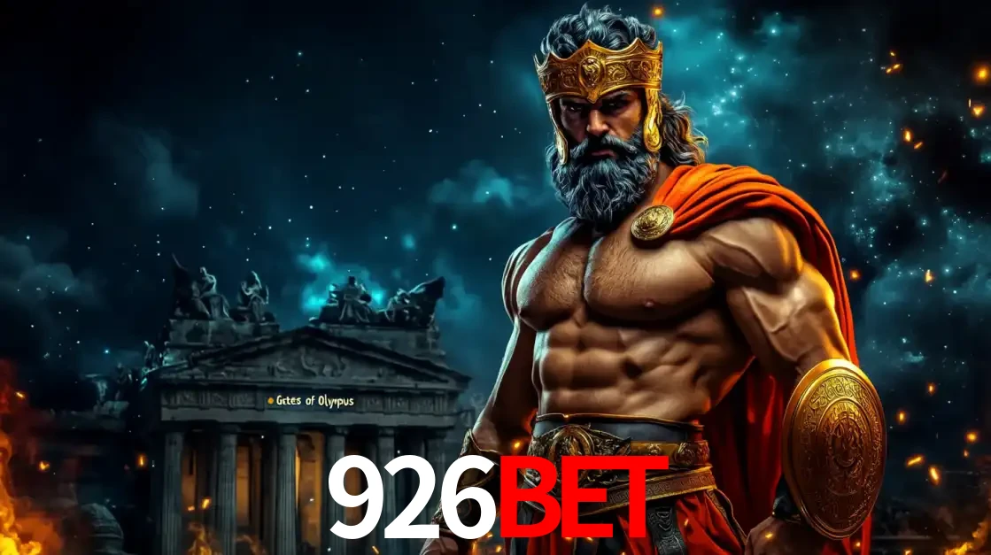O poderoso Zeus do jogo de slot Gates of Olympus em frente ao seu templo, pronto para lançar multiplicadores divinos e prêmios épicos no cassino online 926bet.