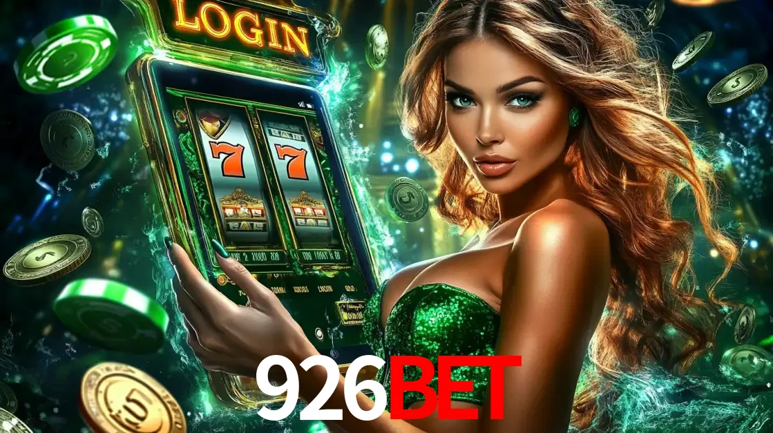 Mulher com tema verde apresentando o aplicativo do cassino 926bet com um jogo de slot de 777, cercada por fichas de cassino e uma aura de sorte.