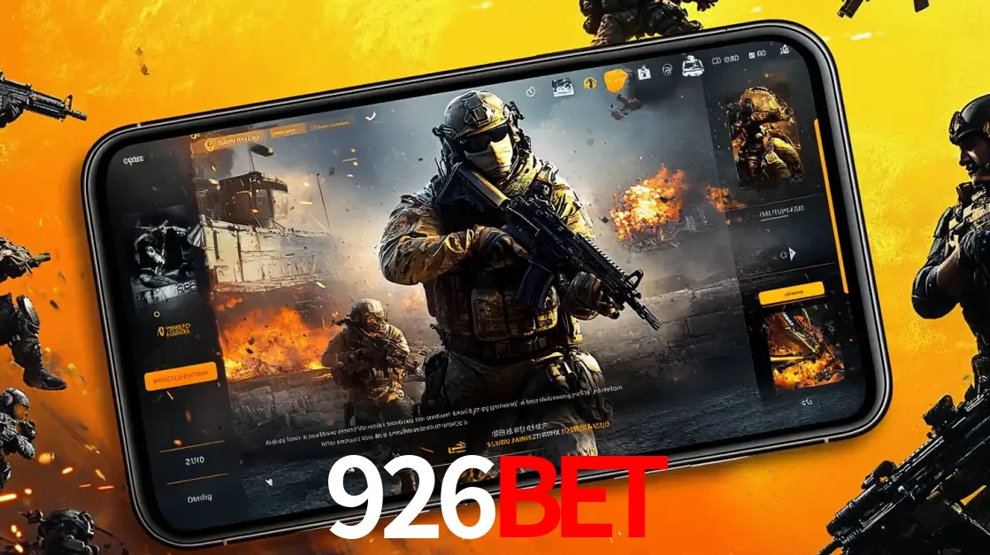 Um smartphone exibindo a interface de um jogo de tiro em primeira pessoa, com um soldado em um cenário de batalha, representando a ação dos e-sports para apostar no 926bet.