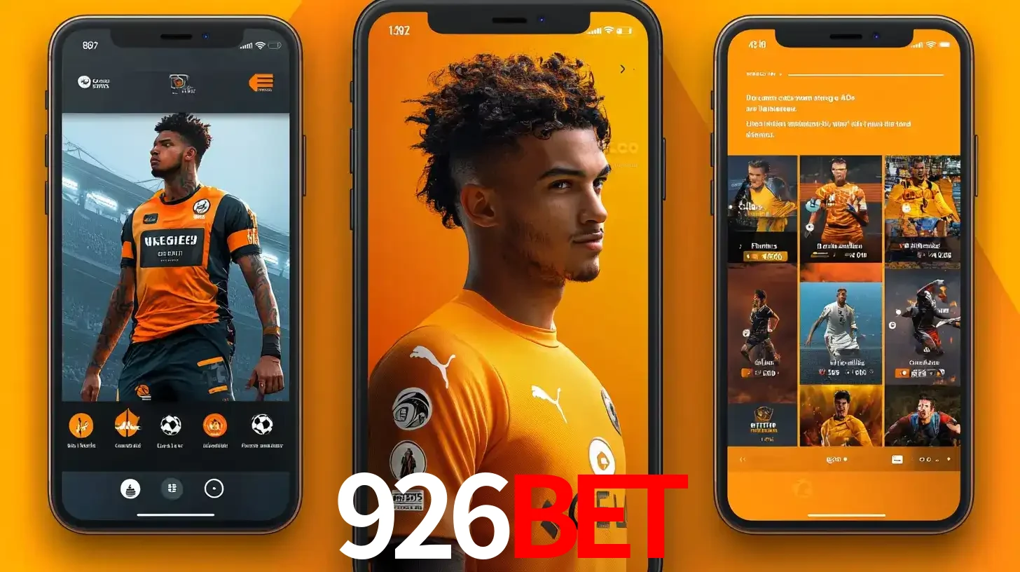 Interface do aplicativo de apostas esportivas 926bet em três telas de celular, mostrando o perfil de um jogador de futebol e a lista de jogos disponíveis para apostar.