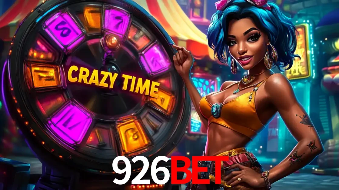 Mulher estilizada com cabelo azul e visual vibrante posando ao lado da roda de prêmios do game show Crazy Time, convidando para a diversão e os bônus do cassino 926bet.