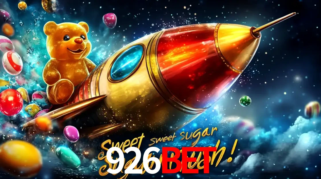 Arte promocional do jogo de slot Sugar Rush, com um urso de pelúcia em um foguete viajando pelo espaço de doces, um dos jogos divertidos disponíveis no cassino 926bet.