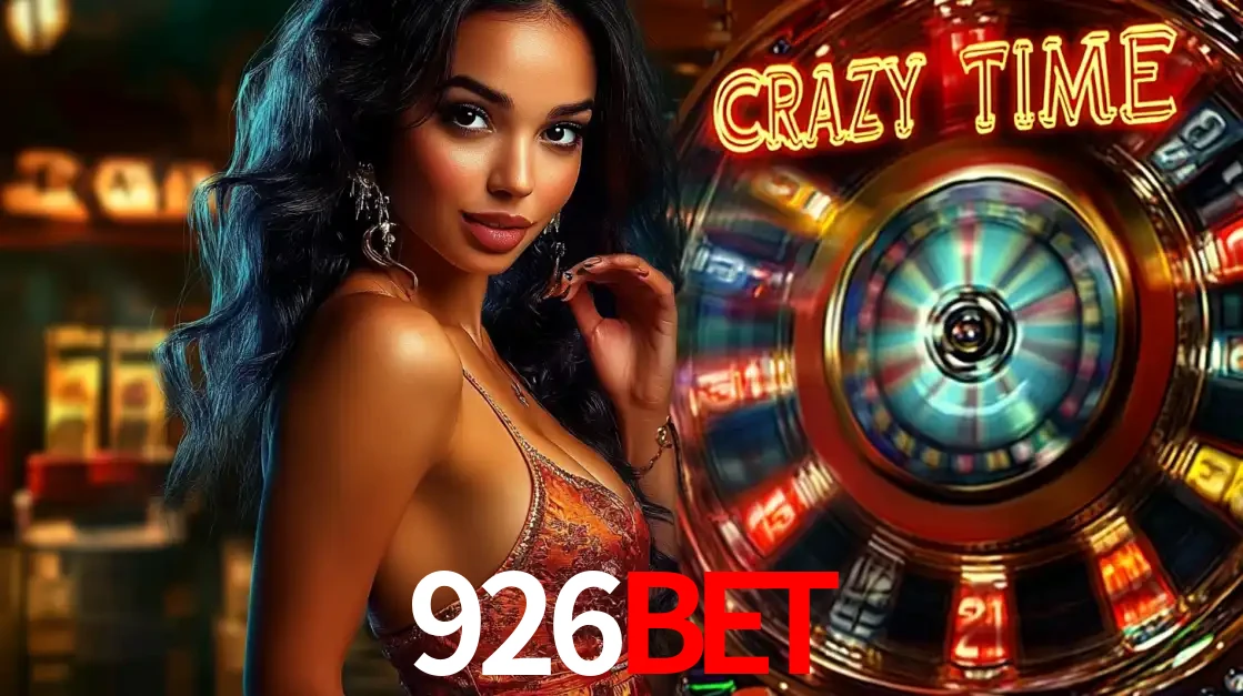 Mulher elegante ao lado da vibrante roda da fortuna do jogo de cassino ao vivo Crazy Time, um dos game shows mais populares e cheios de prêmios do 926bet.