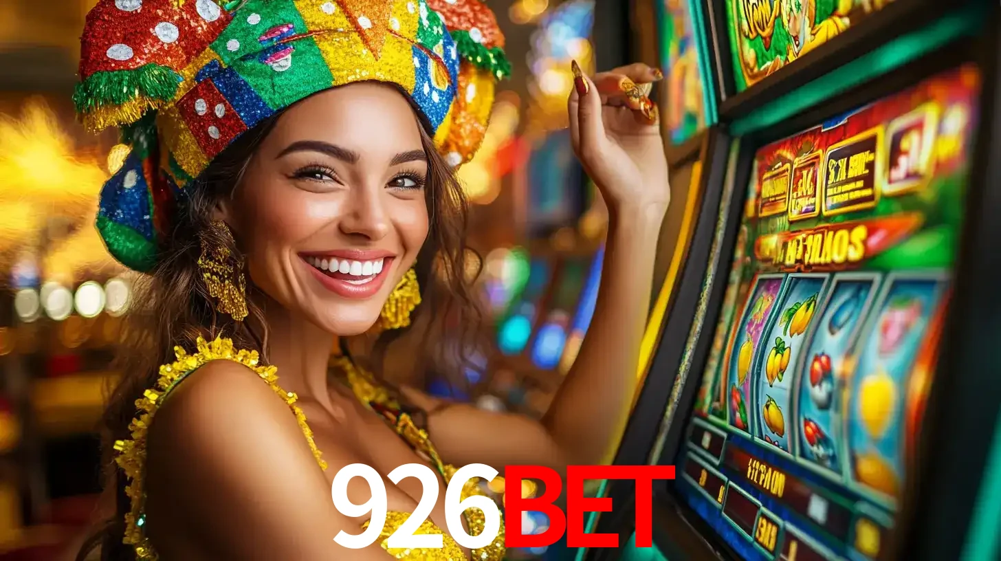 Mulher feliz com traje de carnaval amarelo e colorido ao lado de uma máquina de caça-níqueis, aproveitando a diversão e os jogos temáticos do cassino 926bet.