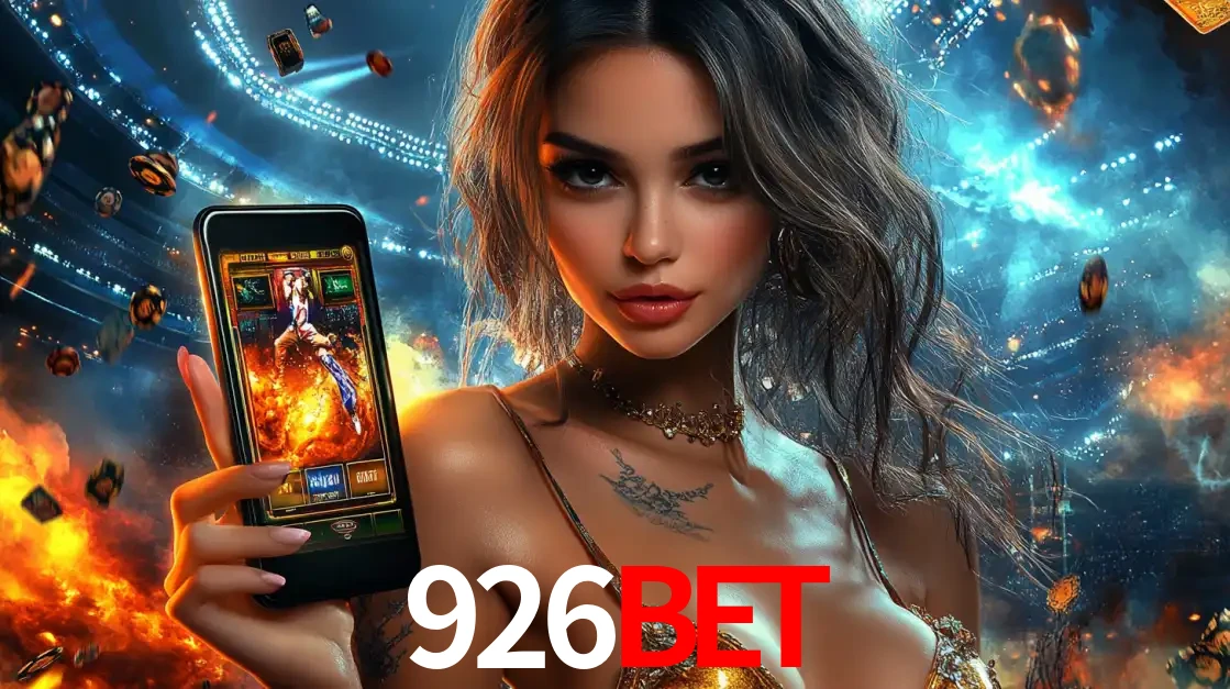 Mulher segurando um celular com um jogo de slot em destaque, tendo como fundo um estádio vibrante, simbolizando a emoção de jogar no cassino móvel 926bet.