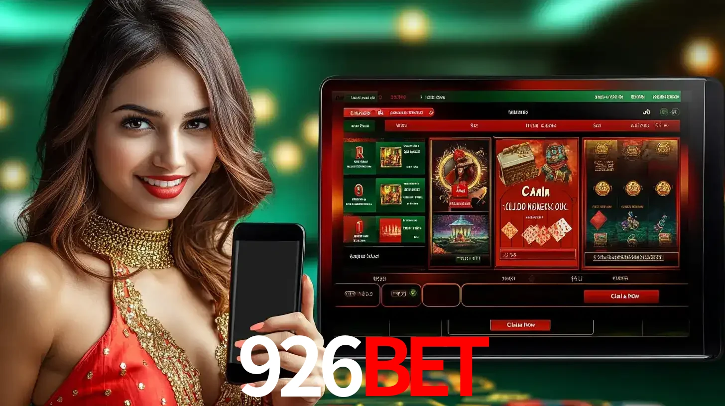 Mulher sorridente segurando um smartphone, ao lado de uma tela exibindo o lobby de jogos do cassino online 926bet, com várias opções de jogos de cartas e slots.